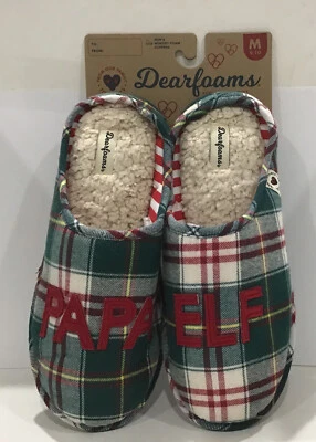 Dearfoams Papa Elf Mens Size M 9-10 Plaid Memory Foam Slippers Green Red NEW - Image 1 of 3