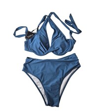 Zaful Womens Cross-Back Halter Bikini Set Blue Size Med Tie-Back Stylish Beach