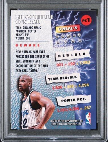 1995 Topps Stadium Club Power Zone Member's Only #PZ1 Shaquille O'Neal SSP PSA 6 view 10