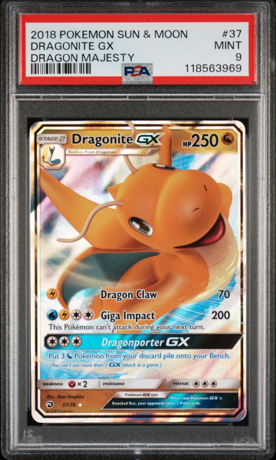 2018 Pokemon Sun & Moon Dragon Majesty Dragonite GX #37 Dragon Majesty PSA 9