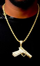 Iced Out CZ Gold Plated Pistol Pendant 35mm w/ 5mm 30in Rope Chain
