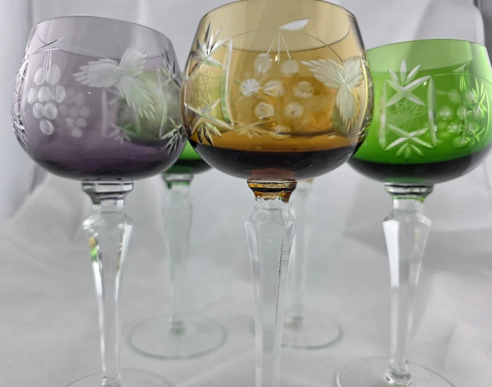 VINTAGE BOHEMIAN CUT-TO-CLEAR MULTICOLOR Crystal WINE GLASSES 8" - SET OF 5 - Image 2 of 4