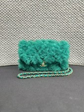AUTH Chanel Classic Flap Emerald Green Shearling Gold Hardware Chain Shoulder