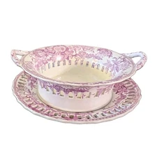 Scarce Late 1820s Spode Lavender/Purple Transferware Pierced Basket & Underplate