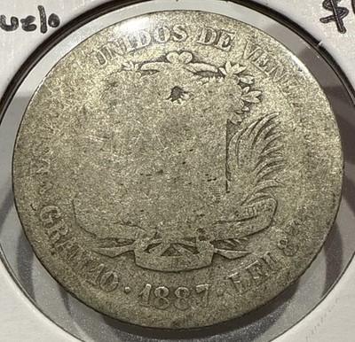 1887 2 Bolivares Venezuela Silver Coin - Simon Bolivar - Rare Date (F509)