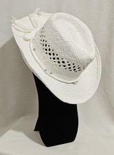 new costume Cowboy Hat sz Small 21" white, woven paper, beads bow, wired brim