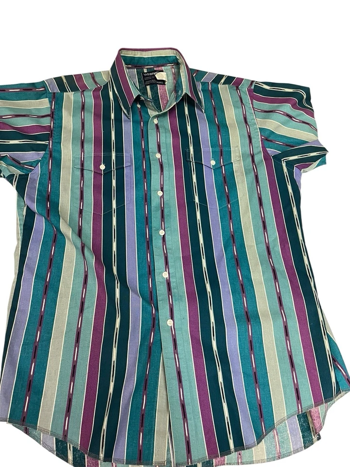 Vintage 90s Wrangler Western Shirt Men Cowboy Cut Xlong Tails Brushpopper 17x35 - Image 4 of 4