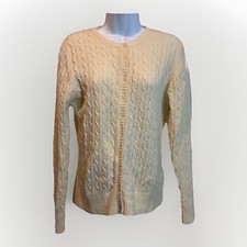 Vintage LL Bean Cardigan Sweater Women Sz Med Cream Cable Knit Lambs Wool Blend