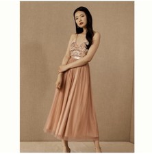 BHLDN Anthropolgie Peach Floral Embroidery Floral Mesh Skirt Maxi Dress Women M
