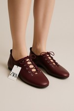 ZARA Ballet Flats Burgundy Leather Lace Up Airfit Comfort Shoes Size 37 6.5 NWT