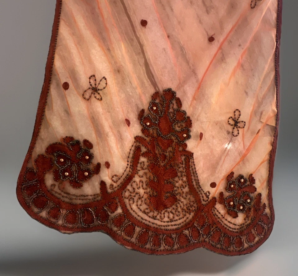 Orange Ombré Beaded Embroidered Dupatta/Sari 65”x17” - Image 3 of 4