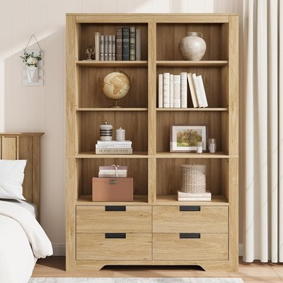 72'' Tall Farmhouse Bookshelf, Double Wide Bookcase Book Shelf with 4 Drawers
