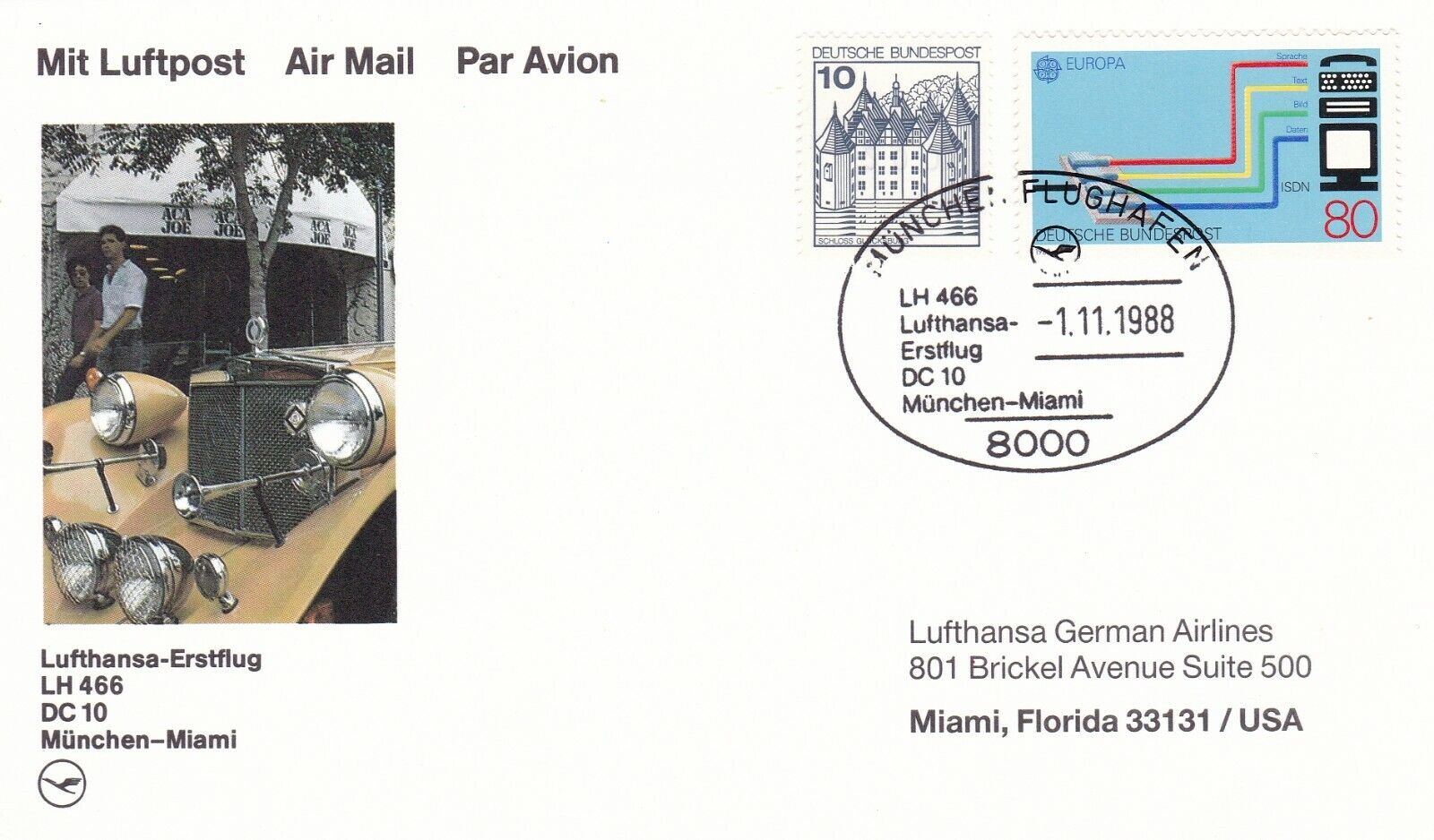 Germany 1988 Lufthansa Munchen-Miami First Flight DC10 Postcard VGC