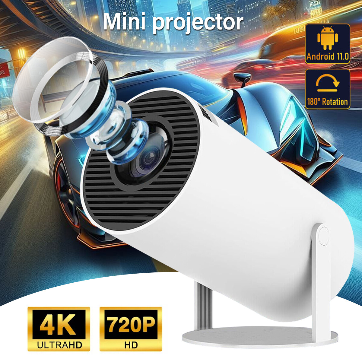 Mini Projector with WIFI 6 and Bluetooth, 4K 1080P Support Portable Projector US-image
