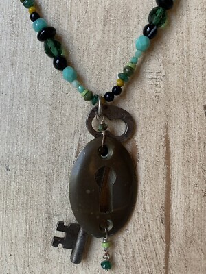 Handmade Teal Bead Necklace with Vintage Escutchen & Key Pendant