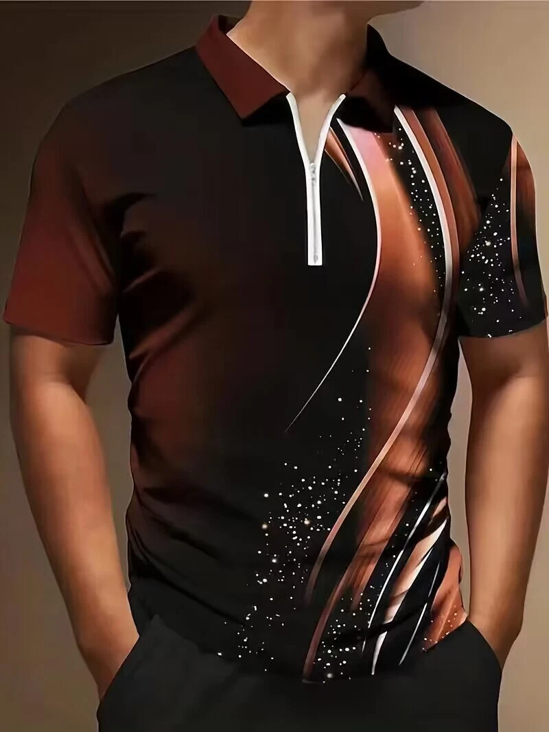 Fashion Geometric T Shirt Men Casual Zip-Up Ombre Casual Shirt Brown