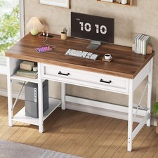 Farmhouse Study Table, Small Computer Desk with Drawer and Storage Shelves