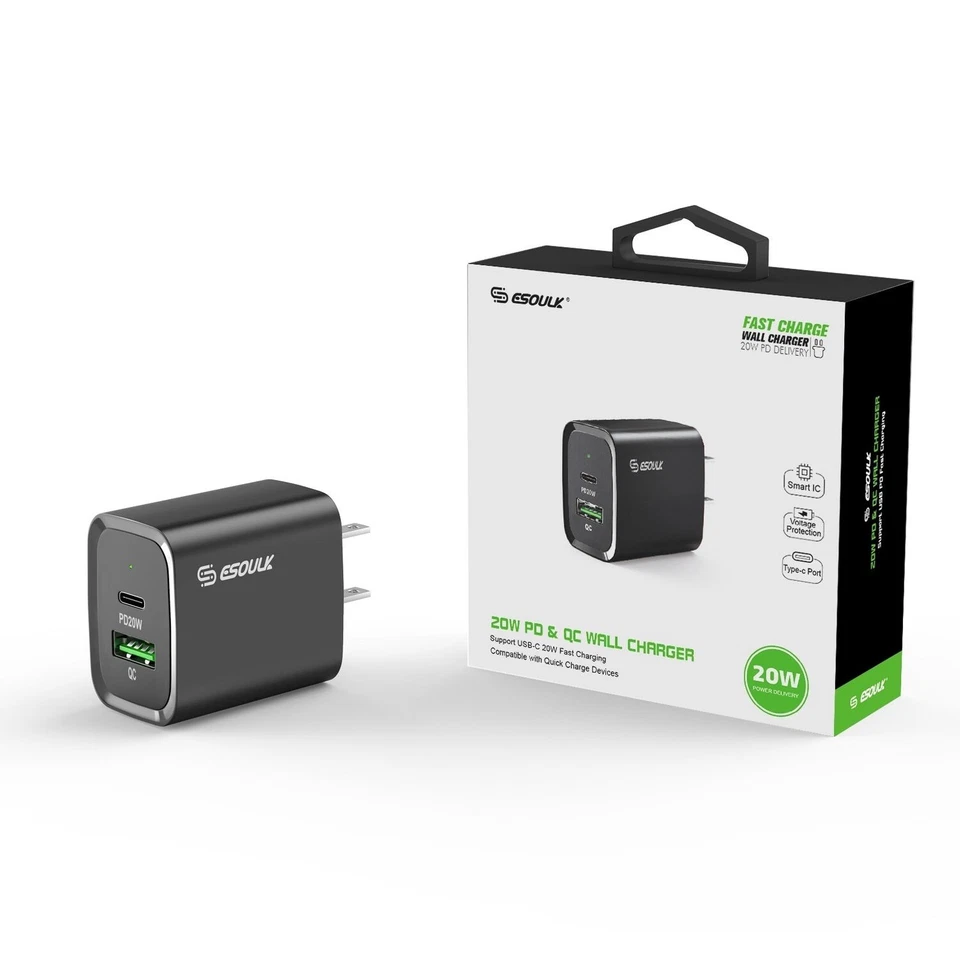 ESOULK 20W Dual Fast Wall Charging Cube-iPhone13/12/X/Galaxy/Note (Black-White) - Image 3 of 4