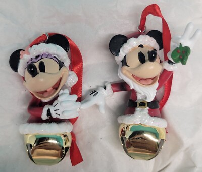 Disney Parks Santa Mickey & Minnie Mouse Bells Mistletoe Christmas Ornament Set