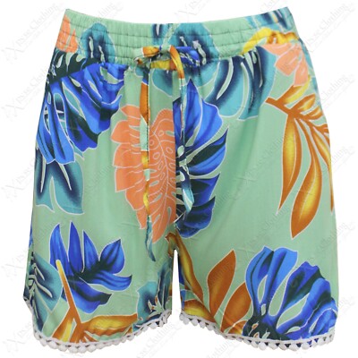 DAMEN BEDRUCKTE SOMMER BAUMWOLLE SHORTS SPITZENSAUM DAMEN URLAUB LOOK KURZE HOTPANTS