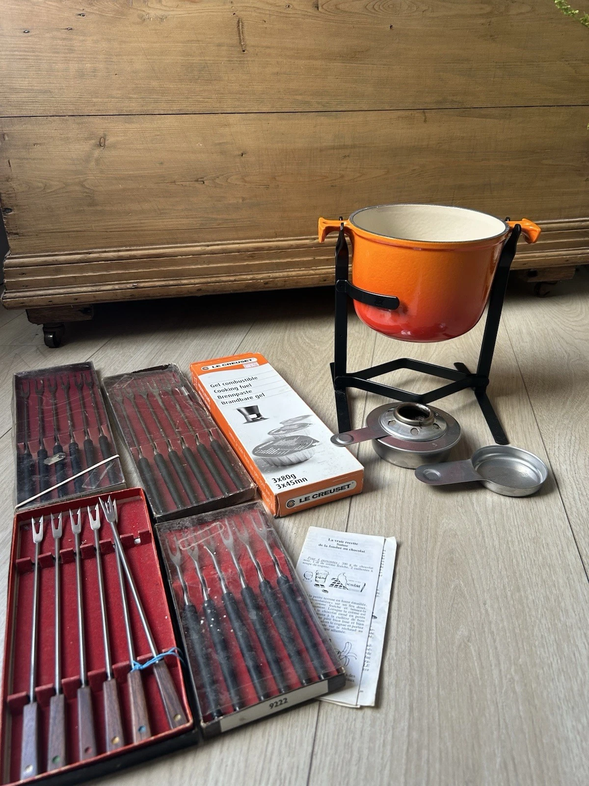Vintage Le Creuset Cast Iron Enzo Mari Fondue Set Volcanic Flame Orange (1137)