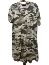 Lucky Brand Women's Camo Midi T-Shirt Dress Lightweight Army Green Olive Sz L