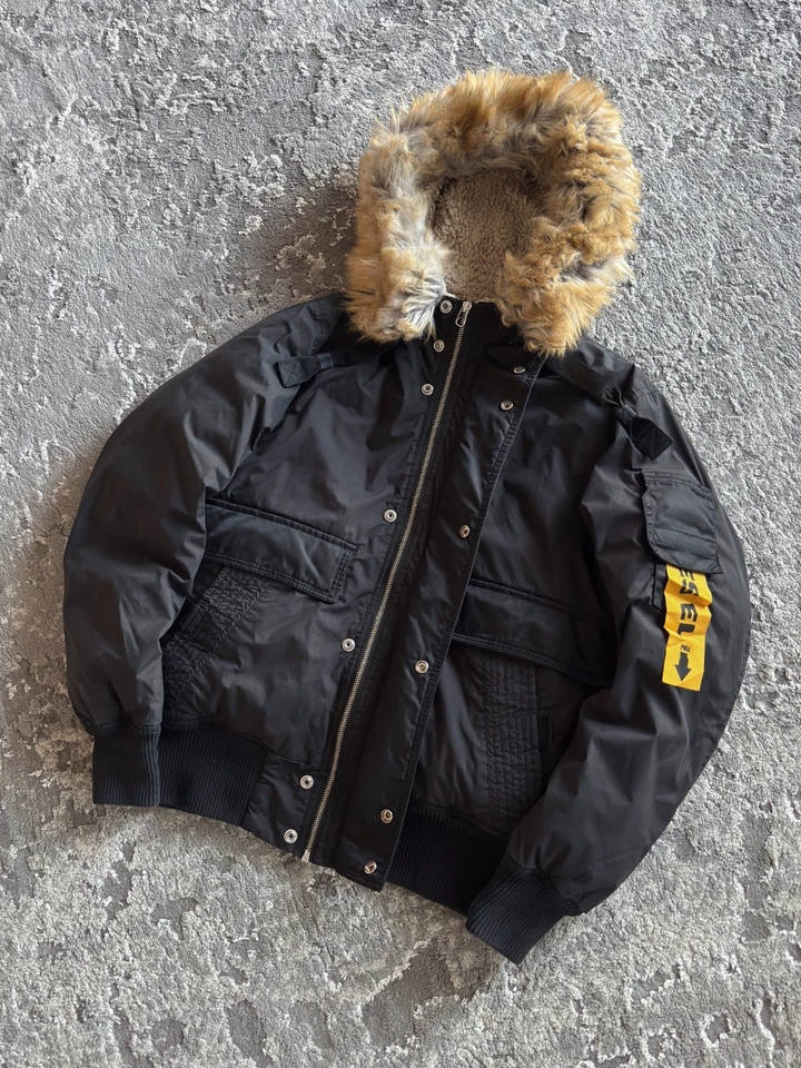Y2K Diesel Faux Fur Hood Nylon Bomber Jacket If Six Was Nine LGB Style Size S - Image 2 of 4