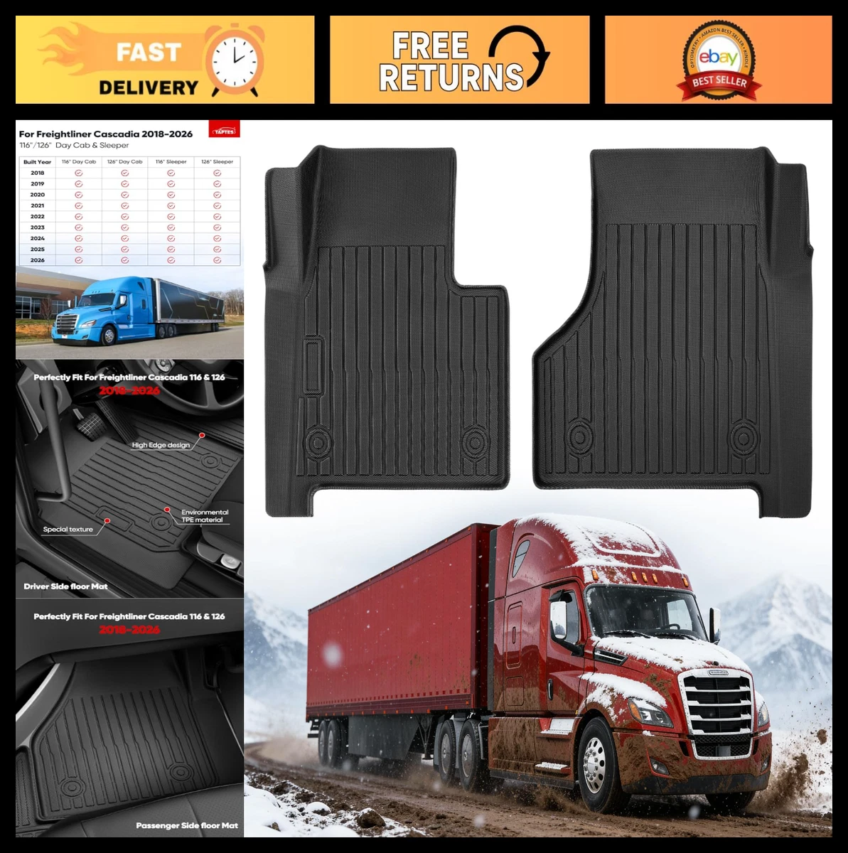 Heavy Duty Floor Mats 3PCS Set for Freightliner Cascadia 2018-2023
