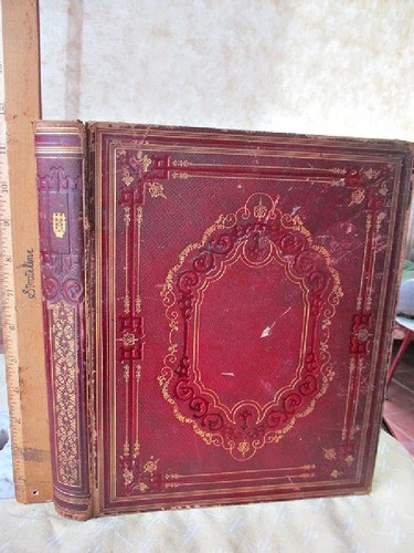 SCRAPBOOK, 1859, Red Leather Portfolio, Signed Poems, Famous Art Works, 11" x 9"