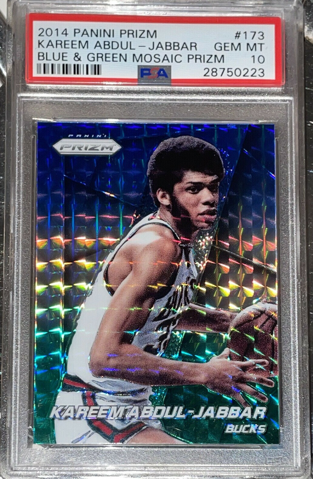💎2014 Kareem Abdul-Jabbar PANINI BLUE GREEN MOSAIC PRIZM REFRACTOR 173 PSA 10