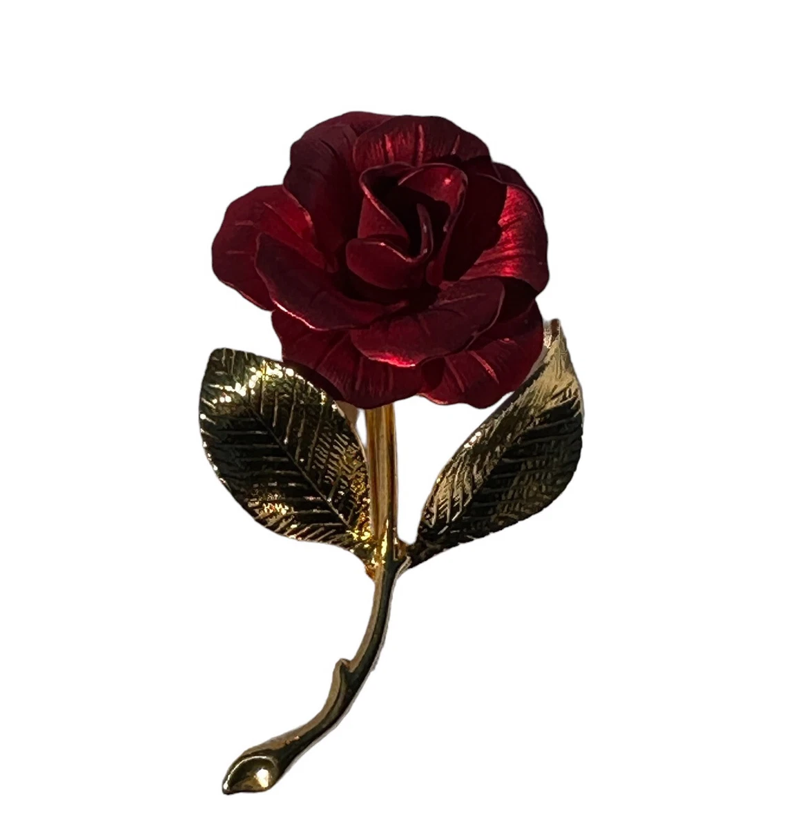 Vintage Cerrito Brooch Pin Rose Flower Red Satin Finish Gold Tone Floral Spring