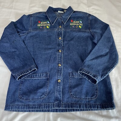 Classic Elements Denim Shirt Shacket Christmas Embroidered Size Medium Holiday