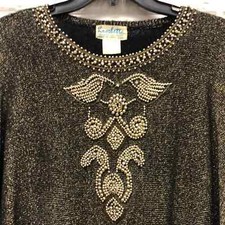 Vintage Kroshetta Gold beaded wool foil sweater made in Hong Kong size 36 M/L