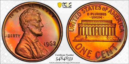 PR67RB 1962 1C Lincoln Memorial Proof Cent, PCGS Trueview- Rainbow Toned - Picture 2 of 6