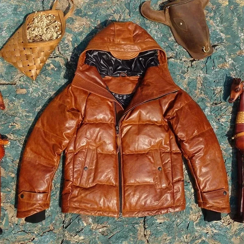 Mens Genuine Leather Lambskin Hooded Hooded Brown Puffer Jacket