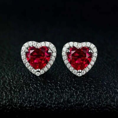 2Ct Heart Cut Lab Created Ruby Halo Stud Earrings 14k White Gold Plated Silver