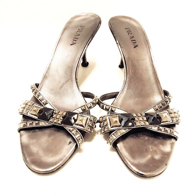 PRADA Jeweled Gunmetal Gray Silver Metallic Leather Kitten Heel