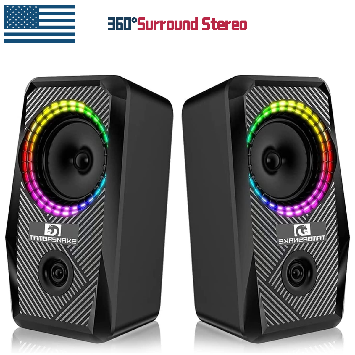 2Pcs RGB USB Wired Surround Stereo Speakers Subwoofer for  PC/TV/Phone