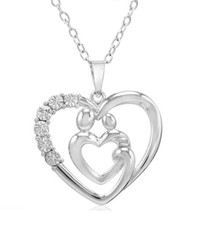 Mother and Child Natural Diamond Heart Pendant-Necklace in Sterling Silver