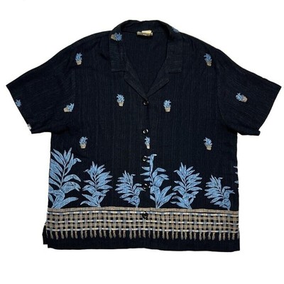 Teddi Vintage Plant Button Up Shirt Black Blue Women's Large Fern Ficus 90s Boho