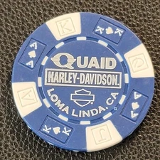 QUAID HD ~ LOMA LINDA, CALIFORNIA ~ (Blue AKQJ) Harley Davidson Poker Chip