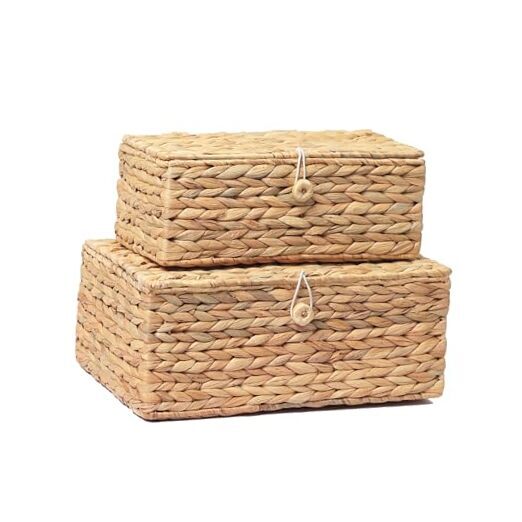 Set of 2 Rectangular Wicker Storage Bins with Lid, Rattan Basket Decorative