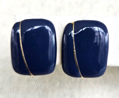 Vintage Navy Blue Enamel Small Rectangle Gold Tone Clip Earrings 13/16'' in Card