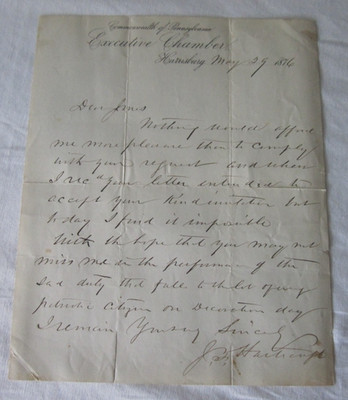 Org. 1876 John F. Hartranft Signed Signature Handwritten Letter as Pa. Governor