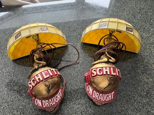 Vtg 1971 SCHLITZ ON DRAUGHT Beer Light LADY ON GLOBE Lighted Wall Sconce PAIR ~2