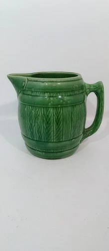Vintage Green McCoy Barrel Shaped Stoneware Pitcher Woodgrain