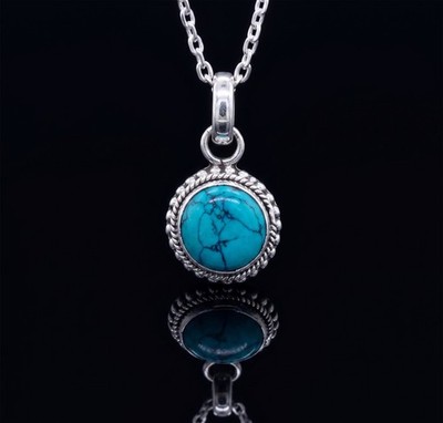 Kleiner Sterling Silber 925 runder Türkis Edelstein Anhänger Halskette Schmuck