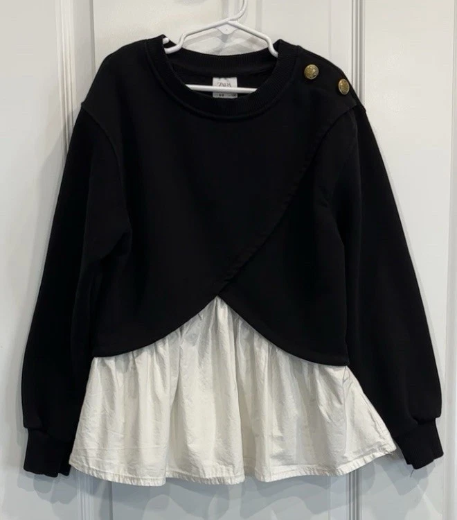 ZARA Girls Layered Tunic Top 8-9Y Gold Button Shoulder Dark Navy Contrast Hem - Image 4 of 4