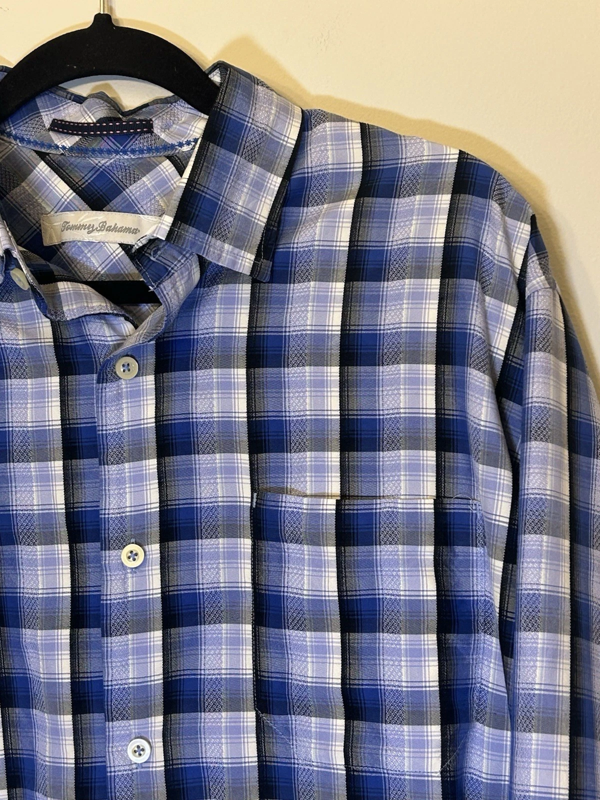 Tommy Bahama Men's Blue Plaid 100% Silk Long Sleeve Button-Down Shirt Size Large