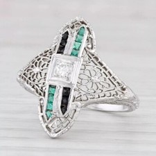 Art Deco Style 2.4Ct Lab Created Diamond Emerald Filigree 14k White Gold FN Ring